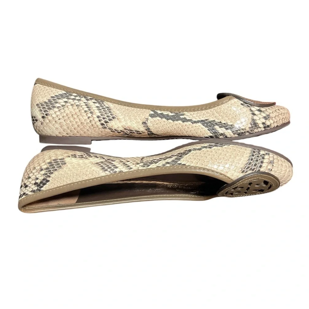 Tory Burch Louisa Python Brown Beige Black Snake Print Logo Ballet Flat Size 6.5